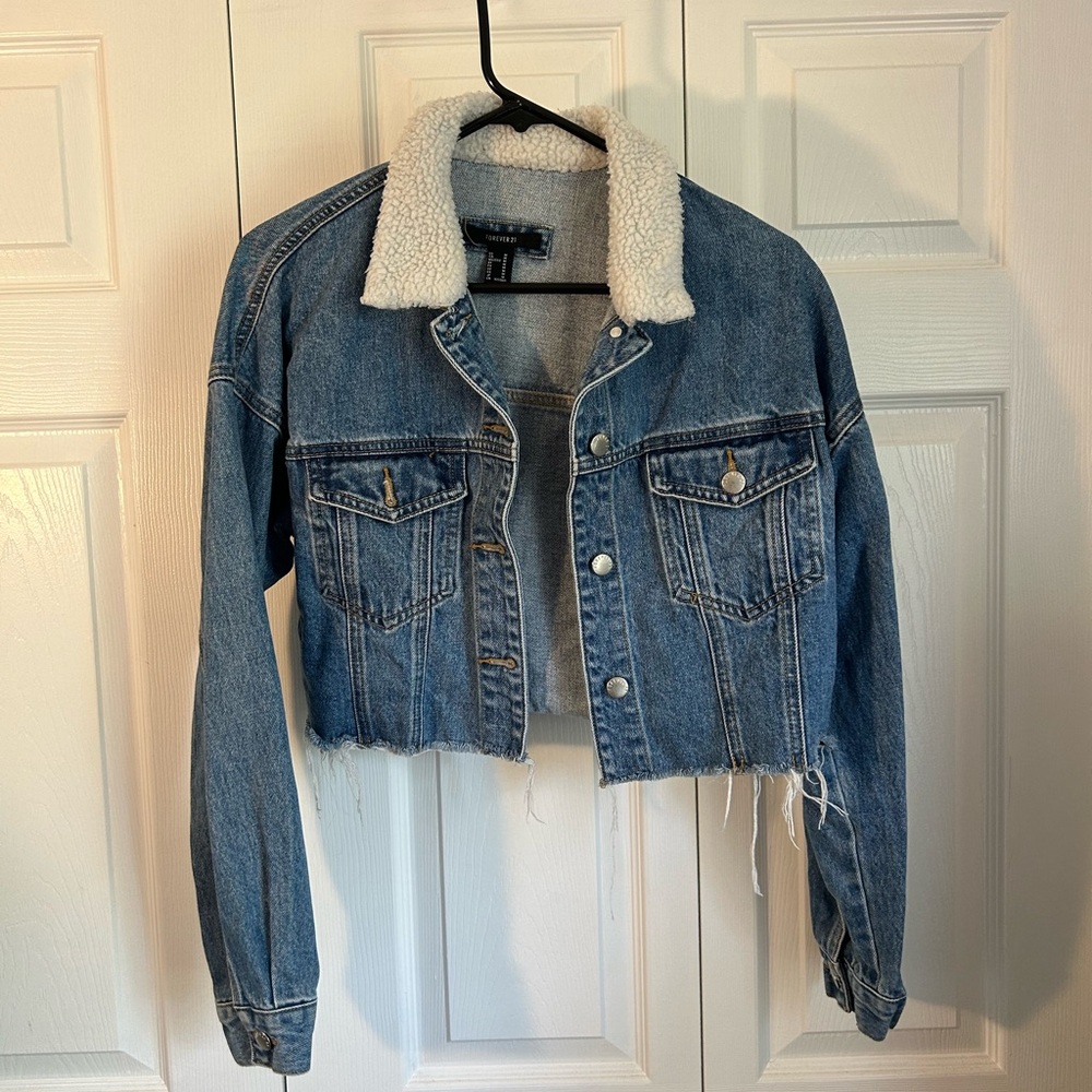 Forever 21 Blue Jean Jacket with White Sherpa Collar